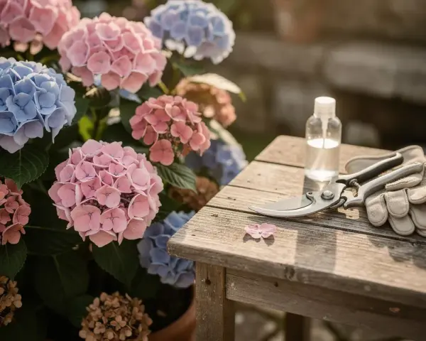 Ortensie rosa e blu in fiore, pronte per essere potate in agosto. Forbici, guanti e flacone sul tavolo di legno.