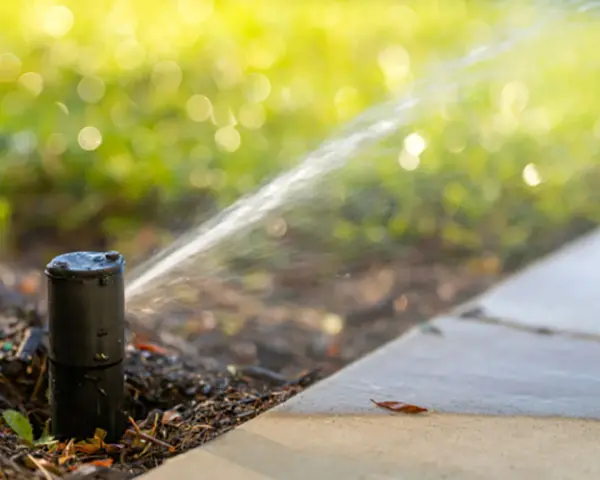 Un irrigatore automatico in azione, parte di un impianto irrigazione frutteto, spruzza acqua su un prato verdeggiante.