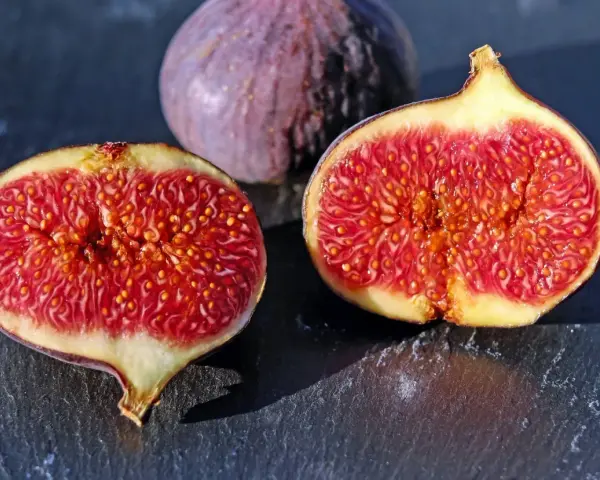Fichi maturi, uno intero e due tagliati a metà, rivelano la loro polpa succosa. Ci si chiede dopo quanti anni fruttifica il fico per gustare queste delizie.