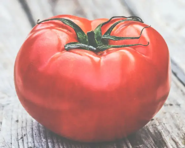 Un pomodoro rosso brillante, quasi gigante, riposa su un tavolo di legno grezzo.