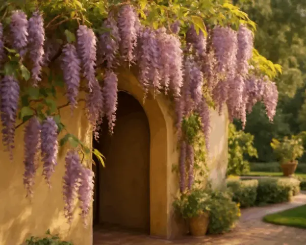 Un arco fiorito di glicine viola accoglie in un giardino incantato. Per godere della sua bellezza, ricorda quando potare il glicine.