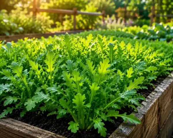Rucola in vaso, rigogliosa e verde brillante, baciata dal sole del mattino in un orto rialzato.