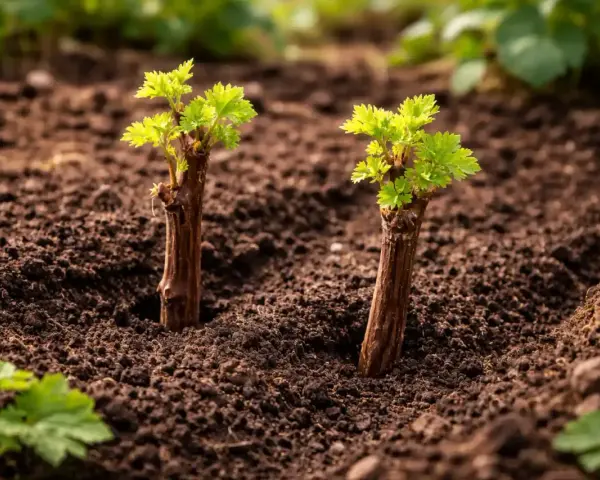 Due talee di vite germogliano nel terreno fertile, pronte per la loro crescita. La tabella periodo talee indica il momento ideale per questo processo.