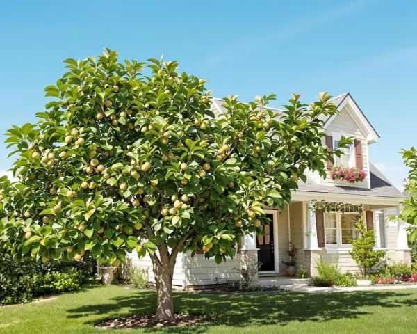 Un rigoglioso albero di fico carico di frutti maturi si erge nel giardino di una casa accogliente, sotto un cielo azzurro e limpido.