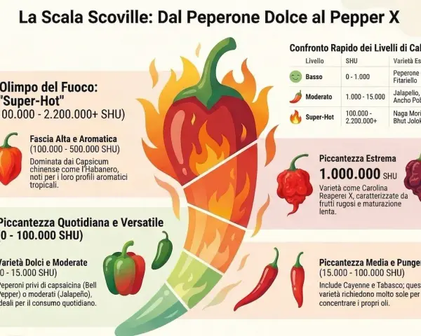 La scala Scoville mostra il peperoncino più piccante in Italia, dal dolce al super-hot, con esempi come il Carolina Reaper.