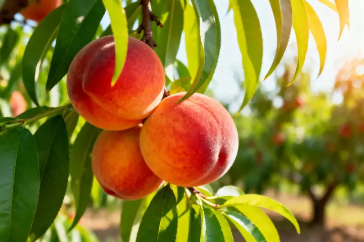 Tre pesche mature e succose pendono da un ramo, pronte per essere raccolte. Il sole illumina le foglie verdi e i frutti, creando un'atmosfera calda e invitante. Questo **pesco in vaso** promette un raccolto delizioso.
