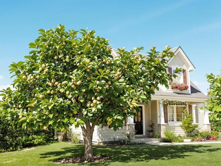 Un rigoglioso albero di fico carico di frutti maturi si erge nel giardino di una casa accogliente, sotto un cielo azzurro e limpido.