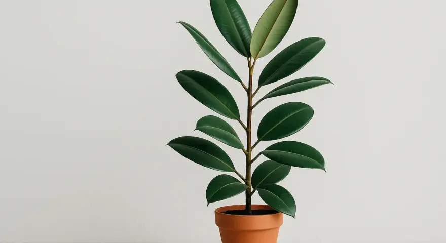 Una **talea fico** in vaso di terracotta, con foglie verdi lucide e carnose, su sfondo chiaro.