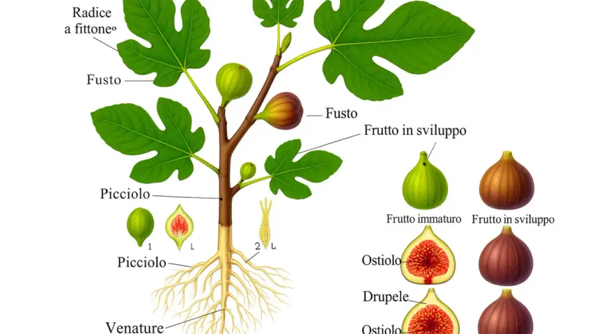 Illustrazione botanica del fico: radici, fusto, foglie e frutti in diverse fasi di sviluppo, con dettagli anatomici.