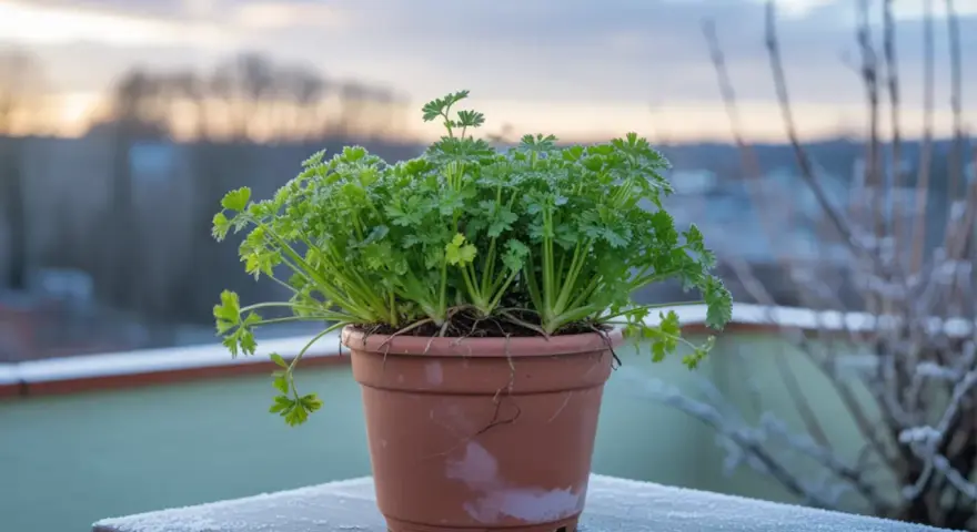 Un vaso di prezzemolo rigoglioso sul balcone, con la brina che decora il davanzale. La semina prezzemolo è un successo anche con il freddo.