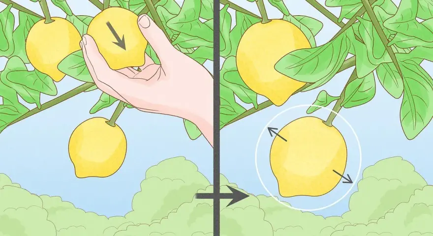 Immagine mostra come potare il limone: una mano indica la direzione di taglio su un frutto, poi un cerchio evidenzia il punto dove tagliare.