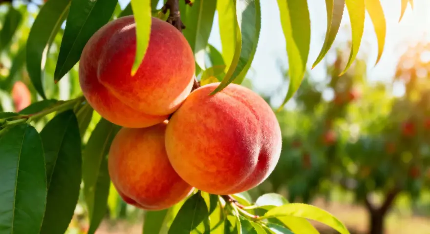 Tre pesche mature e succose pendono da un ramo, pronte per essere raccolte. Il sole illumina le foglie verdi e i frutti, creando un'atmosfera calda e invitante. Questo **pesco in vaso** promette un raccolto delizioso.