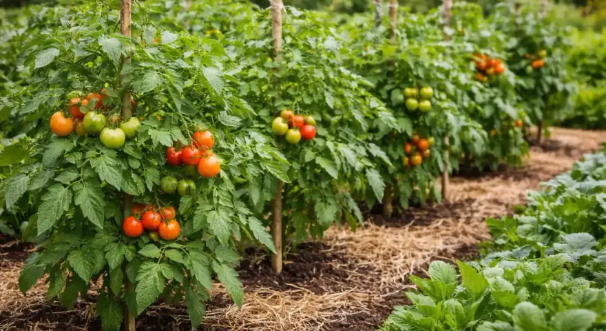 Rows of tomato plants with ripening red and green tomatoes, supported by stakes, in a garden.