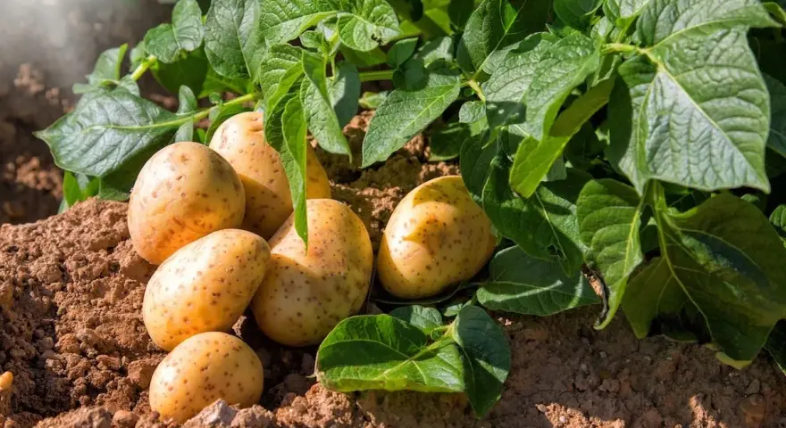 Patate appena raccolte nel terreno, con foglie verdi rigogliose. Speriamo che la tignola della patata non abbia fatto danni!