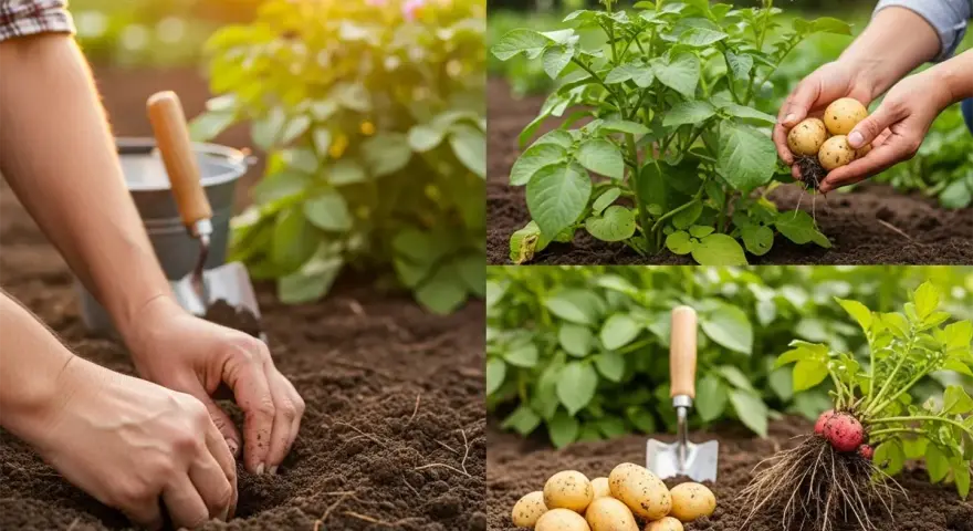 Mani che piantano patate nel terreno fertile. Raccolta di patate fresche con fiori viola. La semina patate è un'arte.