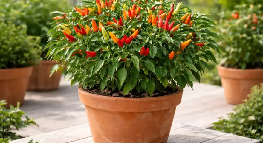 Un cespuglio rigoglioso di peperoncini Capsicum frutescens, con frutti rossi, arancioni e gialli, in un vaso di terracotta su un patio di legno.