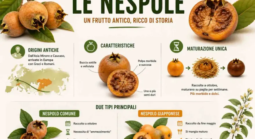 Le **nespole invernali**, frutti antichi con origini in Asia Minore, vengono raccolte a ottobre e maturano su paglia, diventando più morbide e dolci.