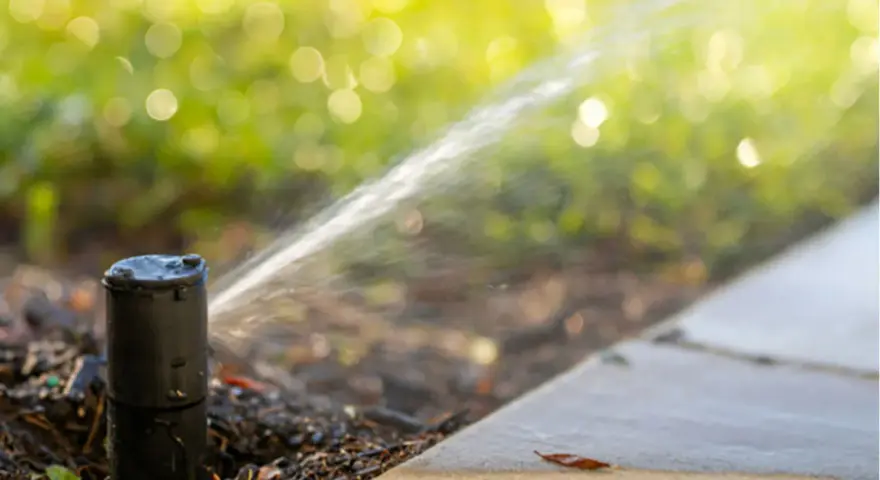 Un irrigatore automatico in azione, parte di un impianto irrigazione frutteto, spruzza acqua su un prato verdeggiante.