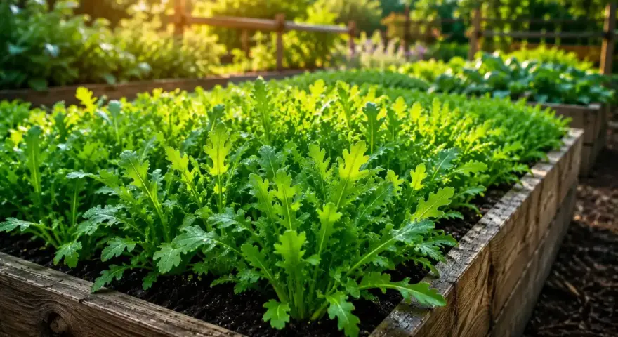 Un letto rialzato pieno di rucola verde brillante, un segno che è il momento perfetto quando si semina la rucola per un raccolto abbondante.