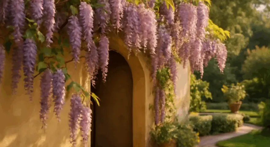 Un arco fiorito di glicine viola accoglie in un giardino incantato. Per godere della sua bellezza, ricorda quando potare il glicine.
