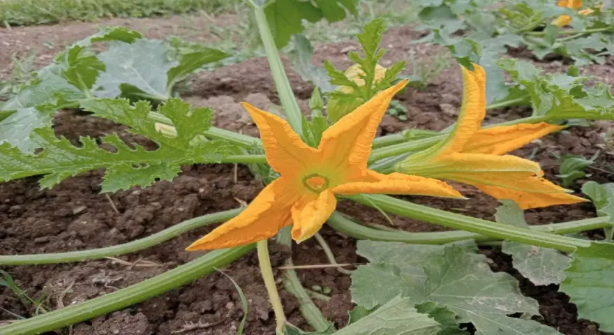 Fiori di zucca arancioni brillanti sbocciano su una pianta rigogliosa, promettendo un raccolto gustoso.