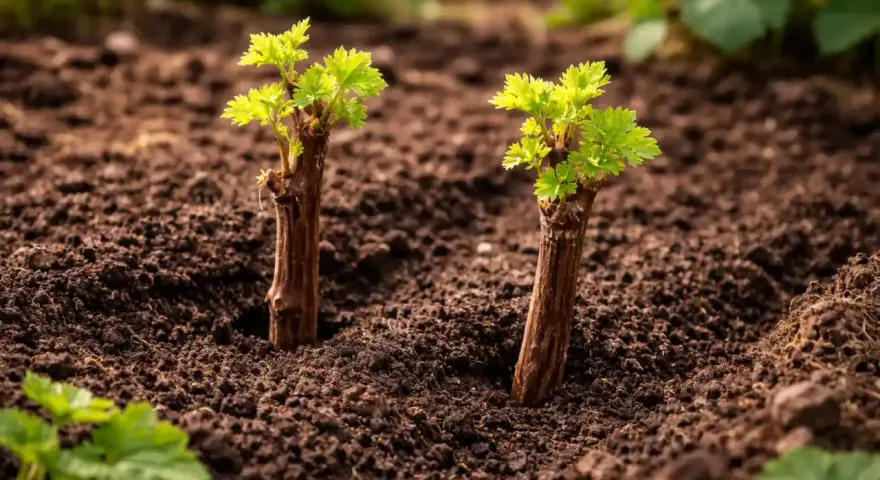 Due talee di vite germogliano nel terreno fertile, pronte per la loro crescita. La tabella periodo talee indica il momento ideale per questo processo.