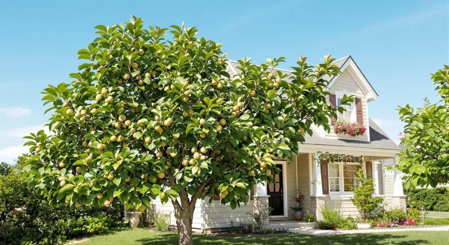 Un rigoglioso albero di fico carico di frutti maturi si erge nel giardino di una casa accogliente, sotto un cielo azzurro e limpido.