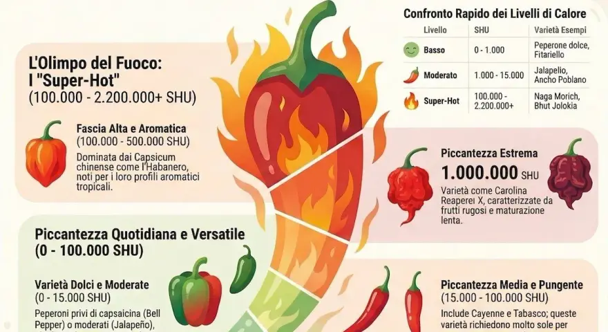 La scala Scoville mostra il peperoncino più piccante in Italia, dal dolce al super-hot, con esempi come il Carolina Reaper.