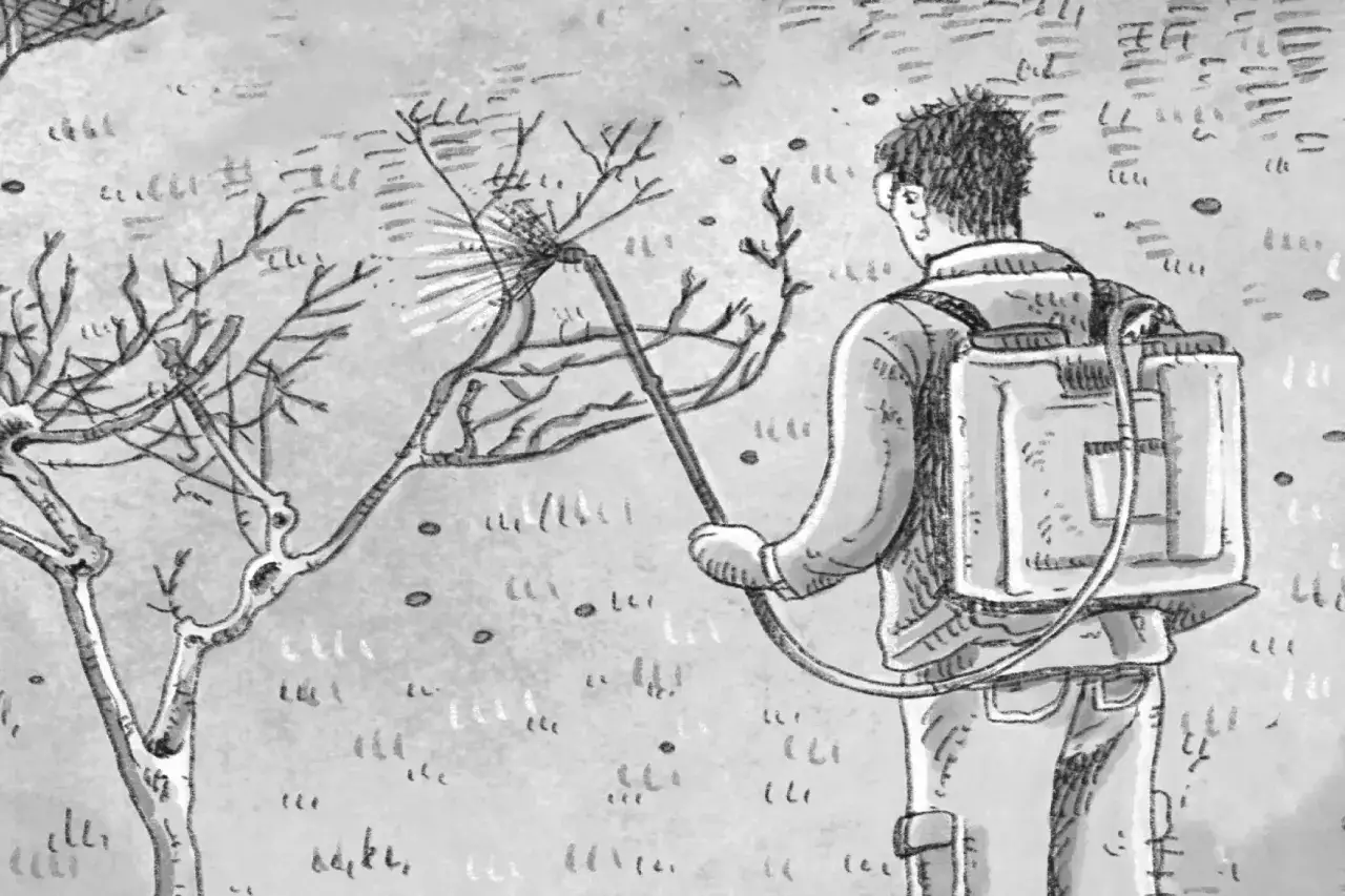 Uomo con zaino irroratore tratta un albero spoglio. Illustrazione per il calendario trattamenti carpocapsa.