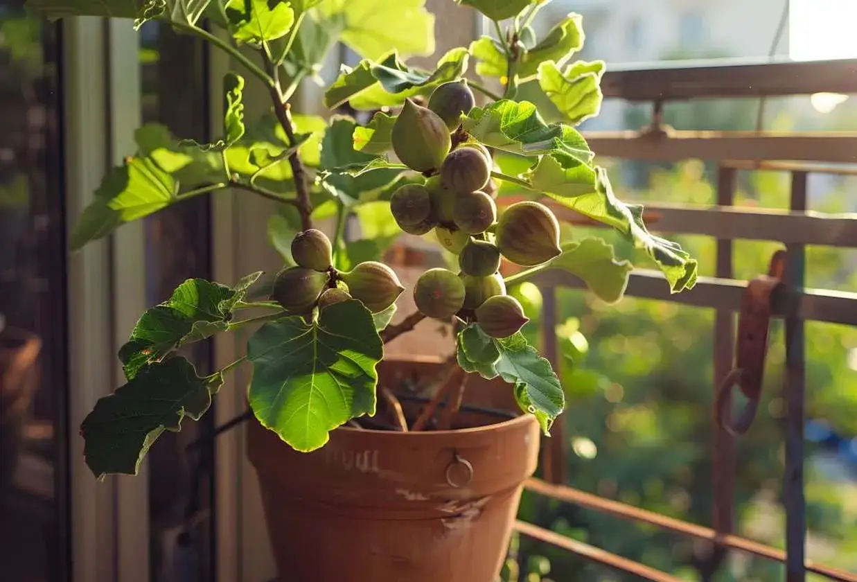 Pianta di fico in vaso con frutti verdi e striati, illuminata dal sole del tramonto.