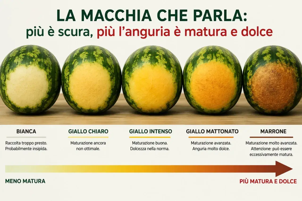 Cinque angurie mostrano la macchia gialla di diversa intensit&agrave;, indicando la maturazione: da bianca (meno matura) a marrone (troppo matura). La macchia pi&ugrave; scura indica anguria pi&ugrave; matura e dolce.