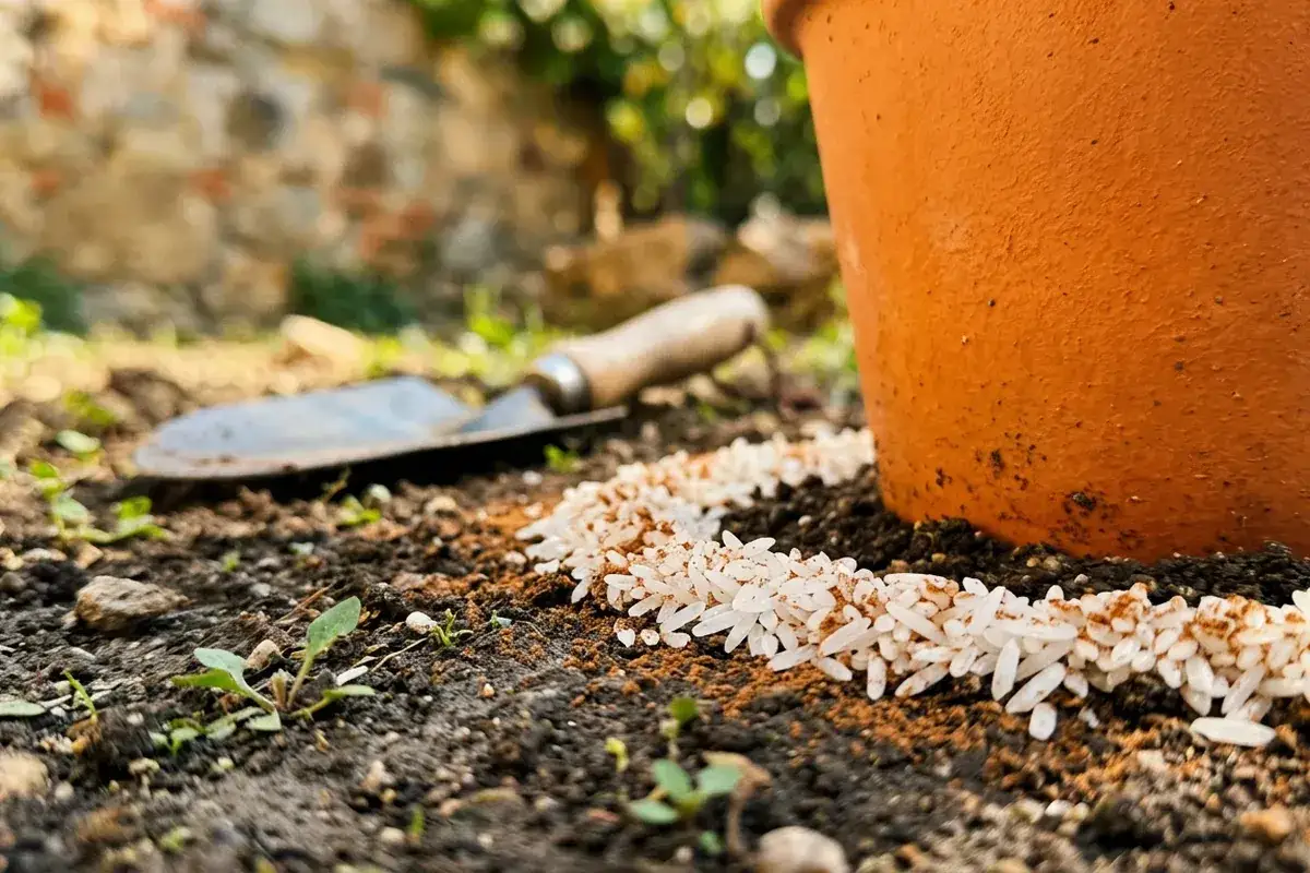 Un vasetto d'argilla e una paletta nell'orto, con una fila di riso e spezie a terra, forse per allontanare le formiche.