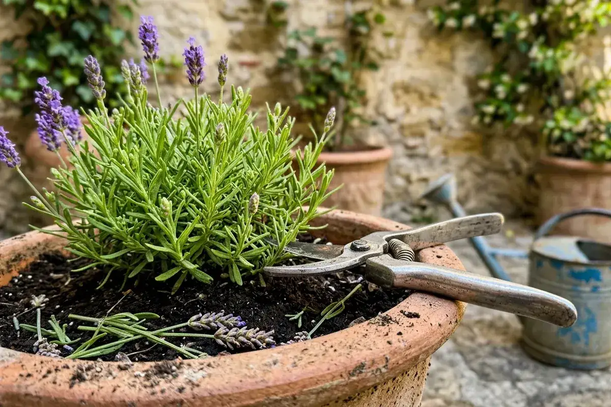 Un cespuglio di lavanda in vaso, pronto per la potatura. Forbici da giardinaggio appoggiate sul bordo del vaso.