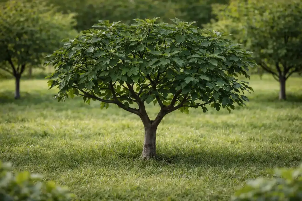 Un rigoglioso albero di fico si erge in un prato verde, con altri alberi sfocati sullo sfondo.