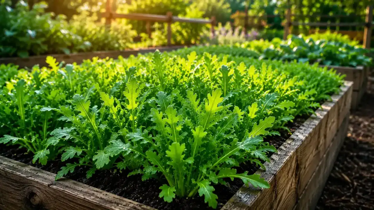 Rigogliosa rucola in un orto rialzato, illuminata dal sole del mattino. Un'immagine perfetta di quando si semina la rucola per un raccolto fresco.