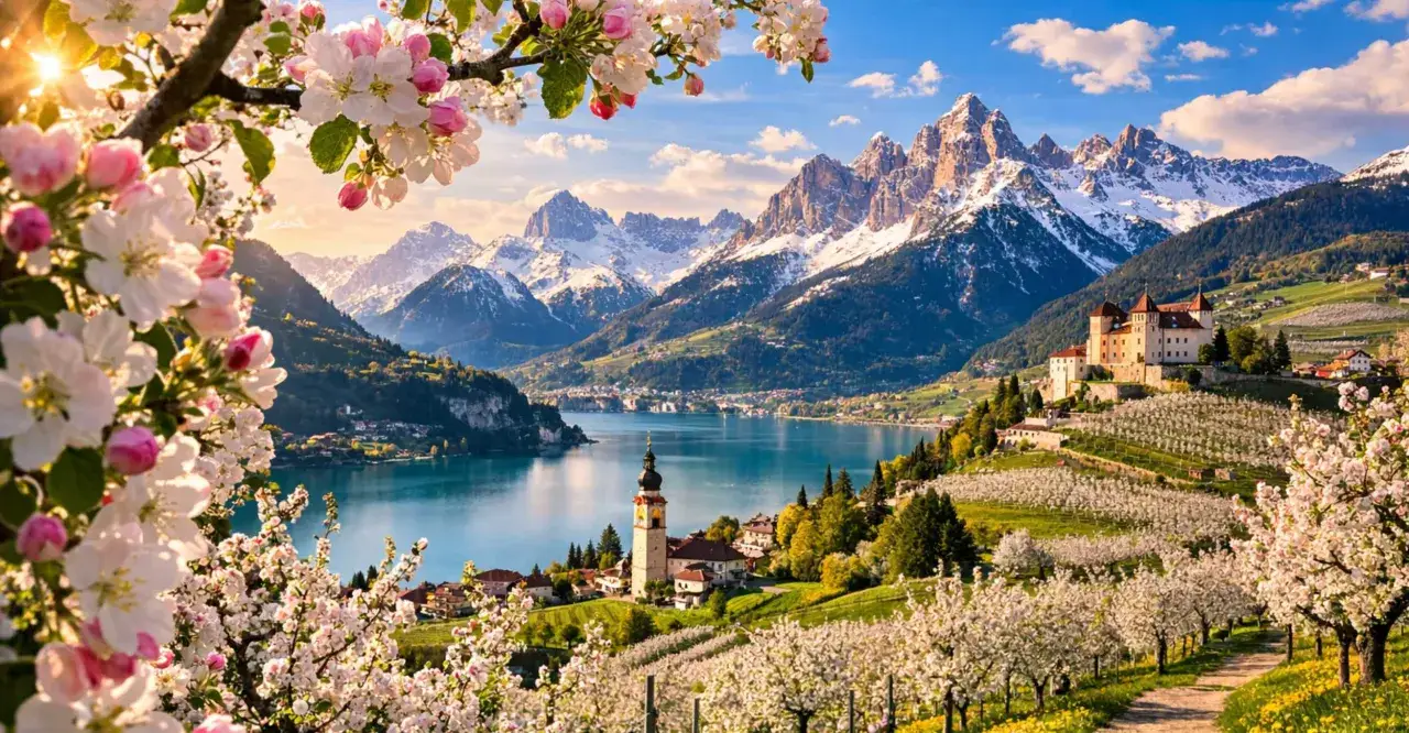 Fioritura primaverile in un paesaggio alpino, con alberi in fiore dove crescono le mele, un lago azzurro e montagne innevate.