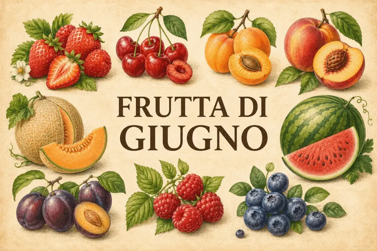 Fragole, ciliegie, albicocche, pesche, melone, prugne, lamponi, mirtilli e anguria: un tripudio di frutta di stagione giugno.