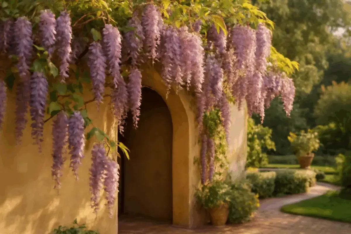 Glicine in fiore ad arco, ideale per sapere quando potare il glicine e godere della sua bellezza.