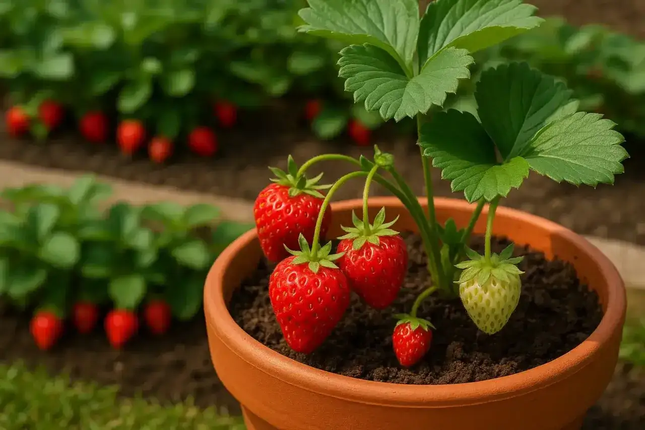 Fragole mature e verdi in vaso, con altre piante sullo sfondo. Un esempio di come piantare le fragole con il telo per proteggerle.