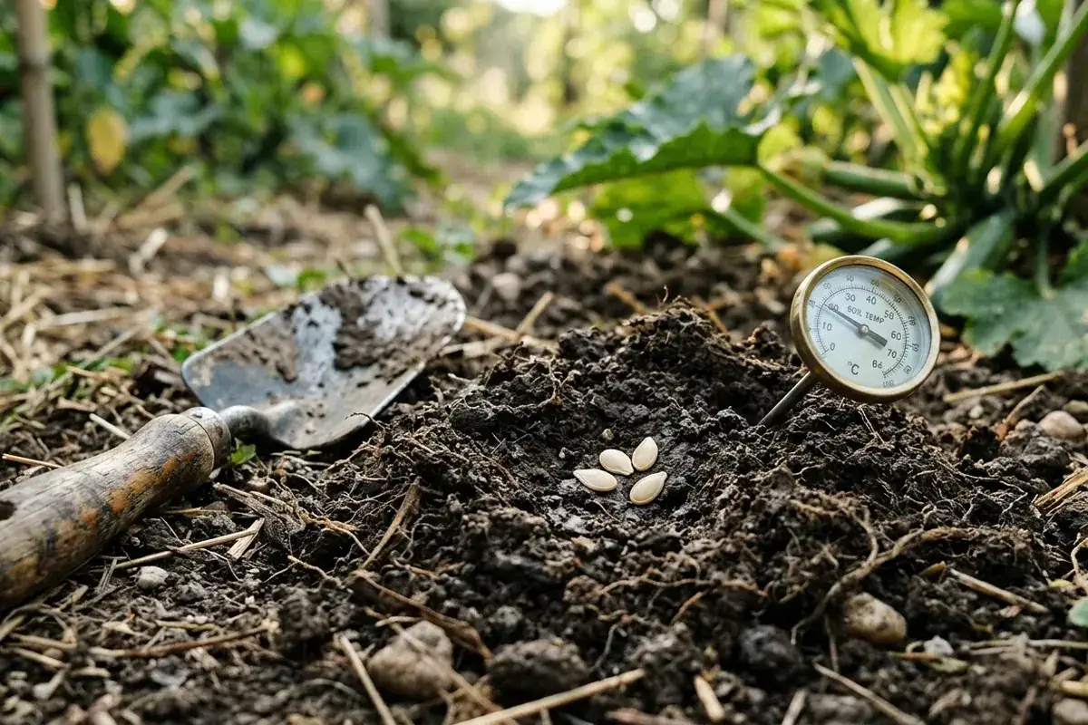 Semi di zucchine pronti per essere piantati. Una paletta e un termometro da terra indicano che il terreno &egrave; pronto per la crescita.