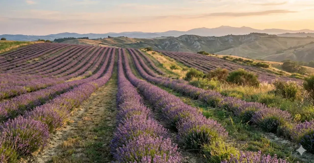 Campi di lavanda viola in fiore, un paesaggio collinare al tramonto, perfetto per quando si raccoglie la lavanda.