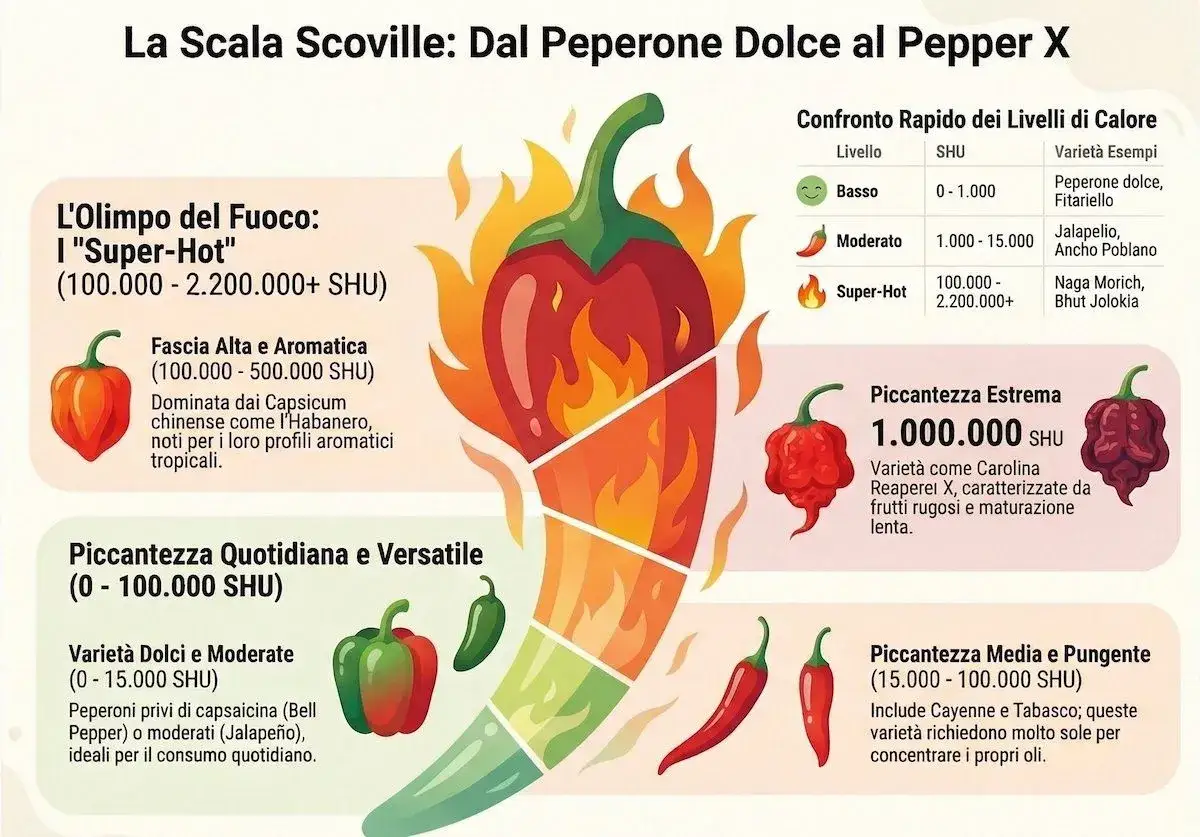 La Scala Scoville mostra il peperoncino pi&ugrave; piccante in Italia, dal dolce al Pepper X, con livelli di calore e variet&agrave;.