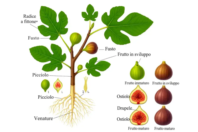 Illustrazione botanica del fico: radici, fusto, foglie e frutti in diverse fasi di sviluppo, con dettagli anatomici.