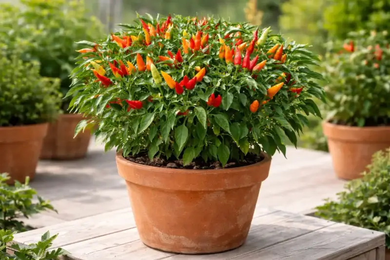 Un cespuglio rigoglioso di peperoncini Capsicum frutescens, con frutti rossi, arancioni e gialli, in un vaso di terracotta su un patio di legno.