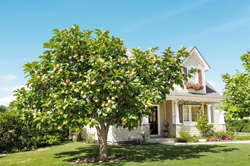 Un rigoglioso albero di fico carico di frutti maturi si erge nel giardino di una casa accogliente, sotto un cielo azzurro e limpido.